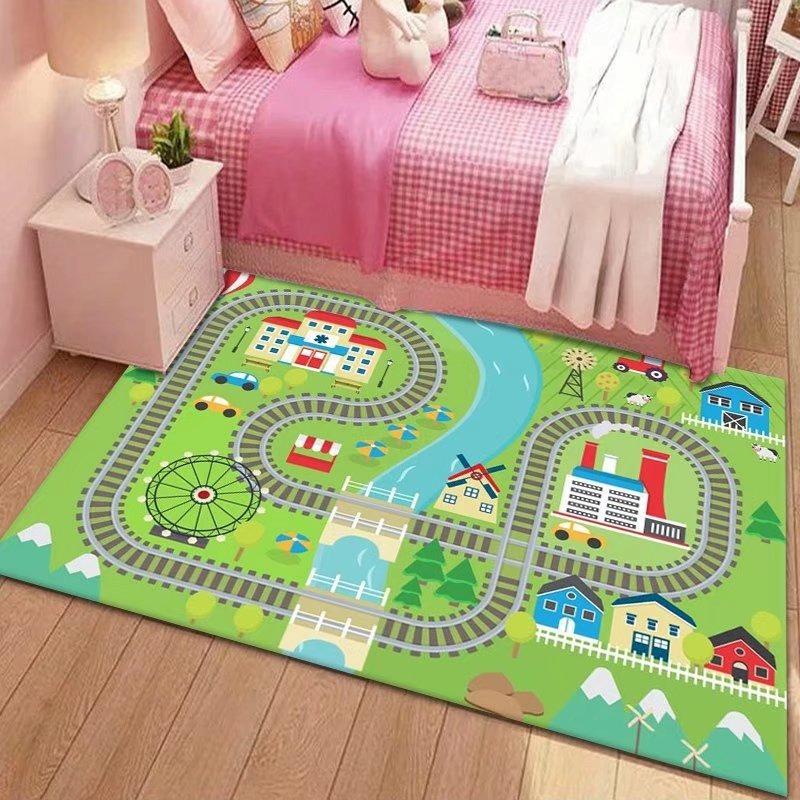 Kids Parking Lot Traffic Game Carpet Boy Car Cartoon Road Track Carpet Driveway Floor Mat Kids Game Crawl Floor Mat Home Decor