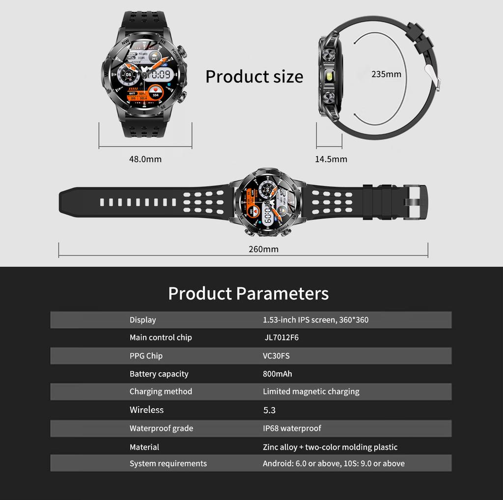 SACOSDING 800mAh Bateria de Grande Capacidade Smartwatch Masculino Outdoor Bússola Lanterna IP68 Esportivo Fitness Chamada de Voz Homem Smartwatch