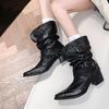 Pleated Short-thigh Boots Women's Autumn New Pointed Toe Studded Metal Buckle Sleeve Non-slip Block Heel Kitten Shoes