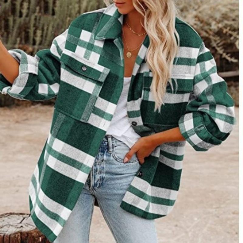 

Women s Flannel Plaid Shacket Long Sleeve Button Down Shirts Jacket Coats with Side Pockets 2XL зелений