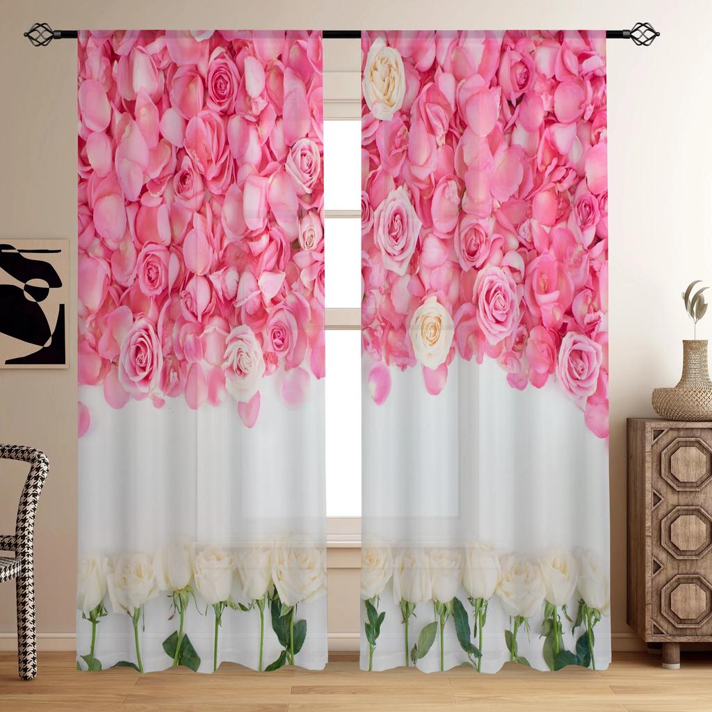 2stk Red Rose Abstrakt Marmormønster Gardiner Stanglomme Valentinsdagsdekorasjon Trykt Lysfiltrerende Kjøkkengardin