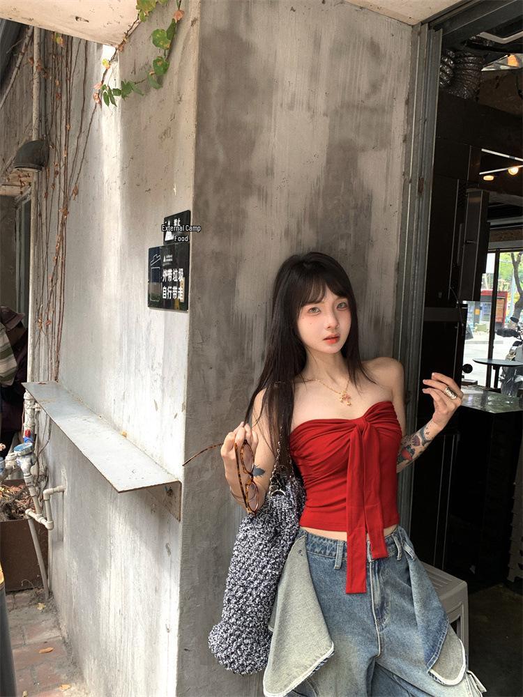 Red Bow Bandeau Top - Women's Chic Summer Camisole