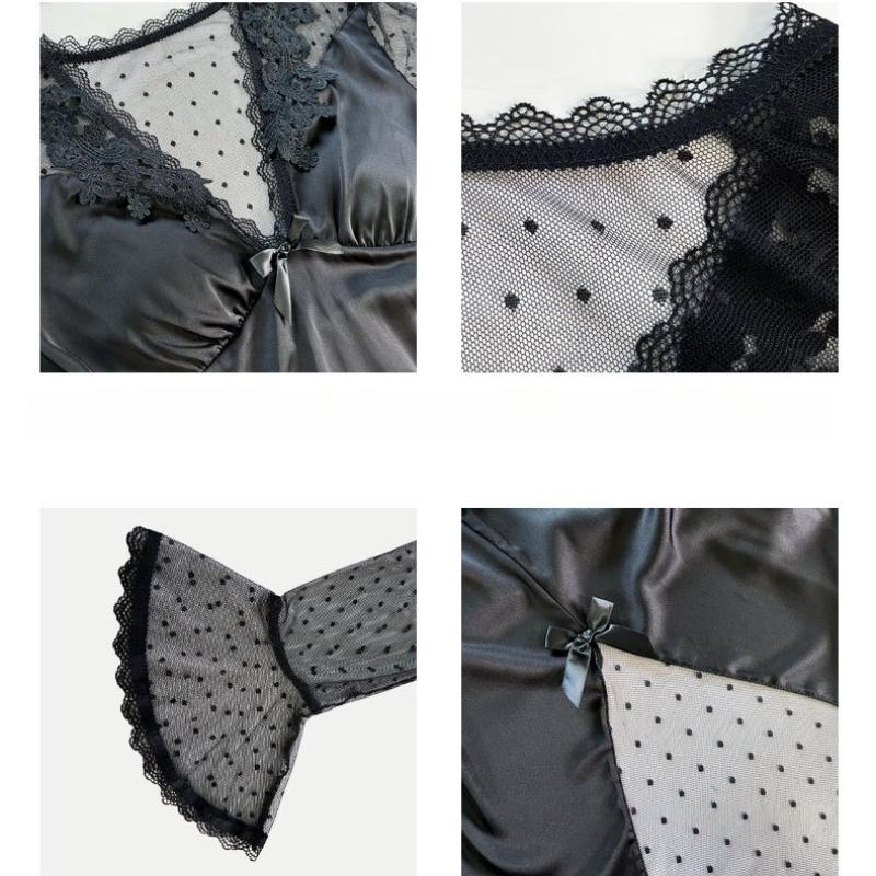 Fairy Style Semi-Sheer Backless Nightgown Ice Silk Mesh Polka Dot Slim Fit Long Cami Loungewear 535 Dreamy Lightweight Sleepwear for Summer Nights