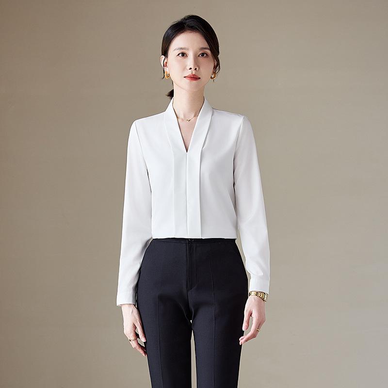 Women’s Long Sleeve V-Neck Chiffon Shirt - Elegant Design for Spring & Autumn Professional Interviews