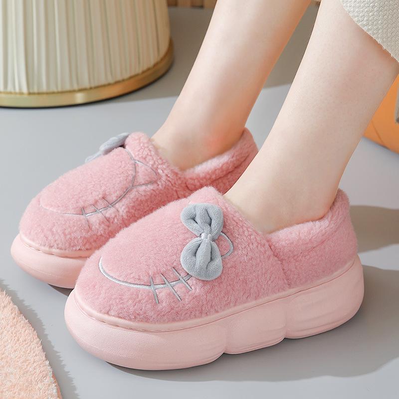 Women's Thick Soled Bag Home Fashion Bow Slippers Winter Velvet Height Increasing Dormitory Warm and Non Slip Cotton Shoes