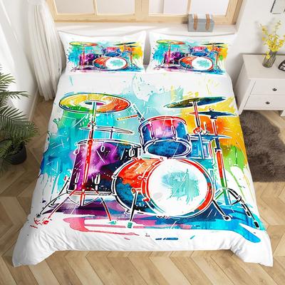 Drum Kit Duvet Cover Queen Watercolor Drums Bedding Set Rock Music Comforter Cover Bedroom Decor Musical Pattern Quilt Cover