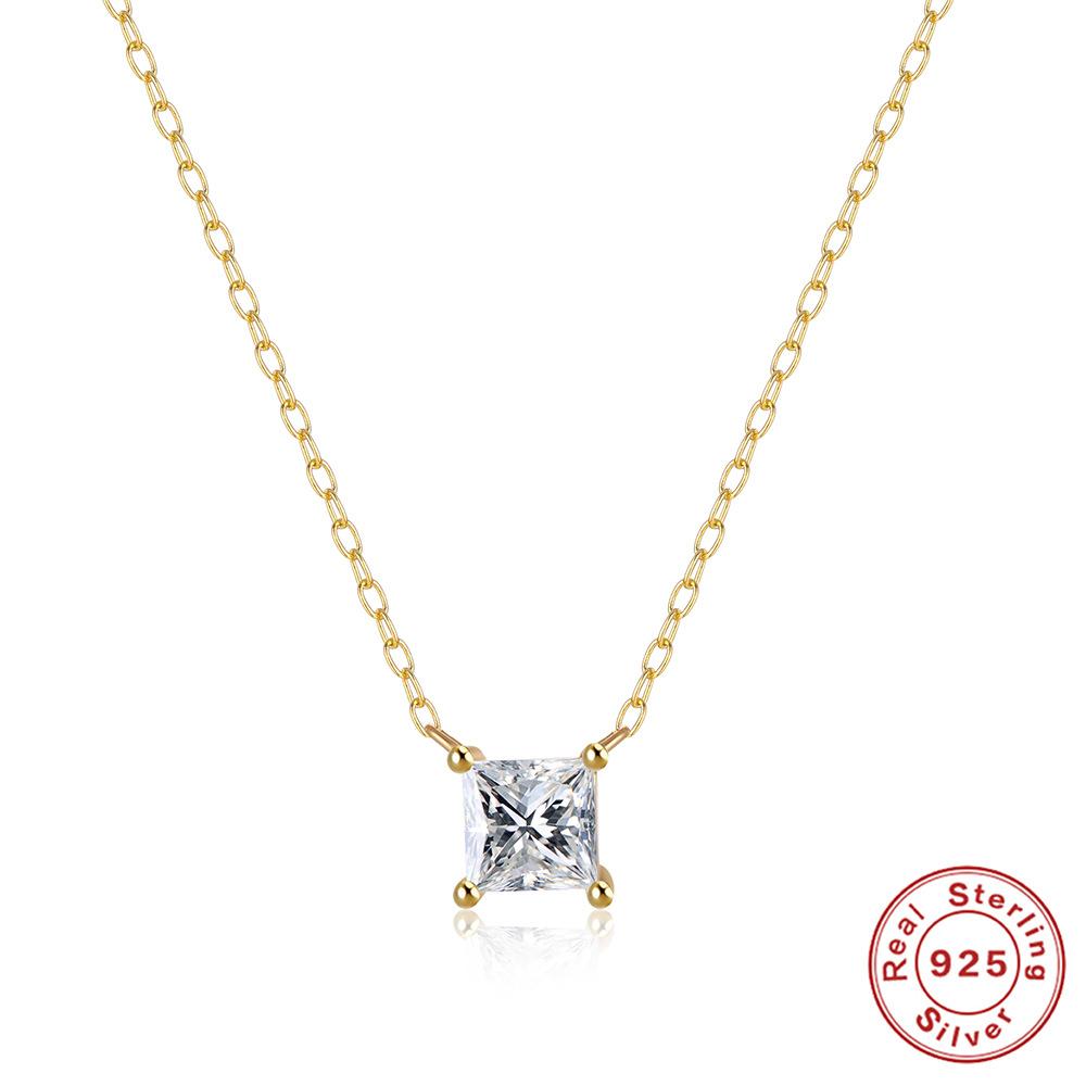 Stylish And Simple Style High-End Sense S925 Sterling Silver Square Four-Claw Diamond-Encrusted Women'S Collarbone Necklace