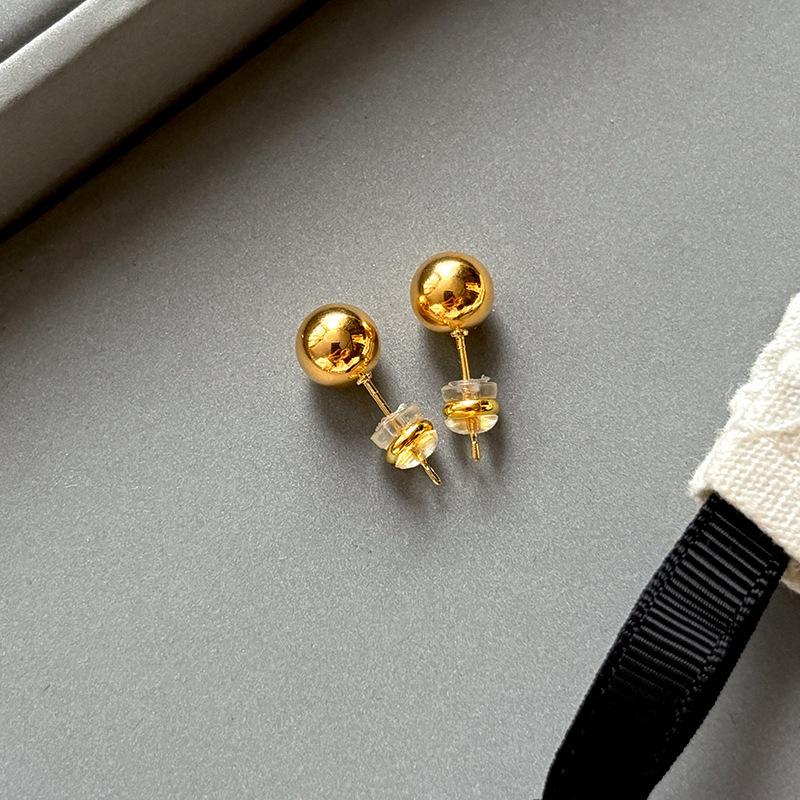 Sterling Silver Needle Gold Ball Stud Earrings Women's Cold Wind Earrings Real Gold Electroplated Earrings