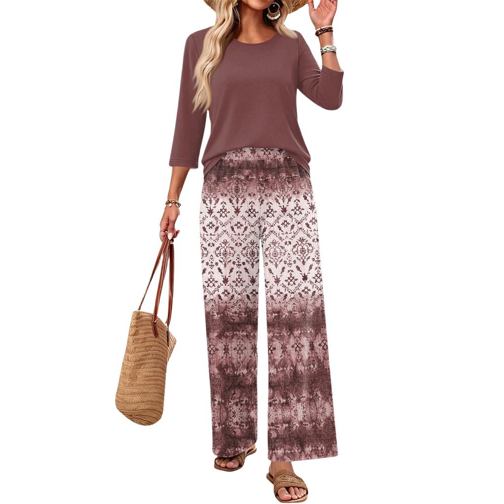Women's Casual Loose Fit Two Piece Set Round Neck Three Quarter Sleeve Top and Wide Leg Printed Pants Lounge Outfit