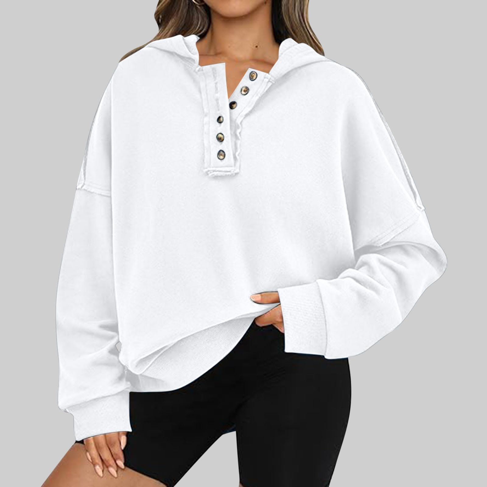 Women s Color Lapel Comfortable Casual Button Long Sleeve Hooded Sweatshirt L