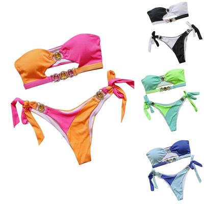 Kadın Kristal Elmas Bikini Sütyen Mayo ile Patchwork Straplez Askı Bölünmüş Mayo
