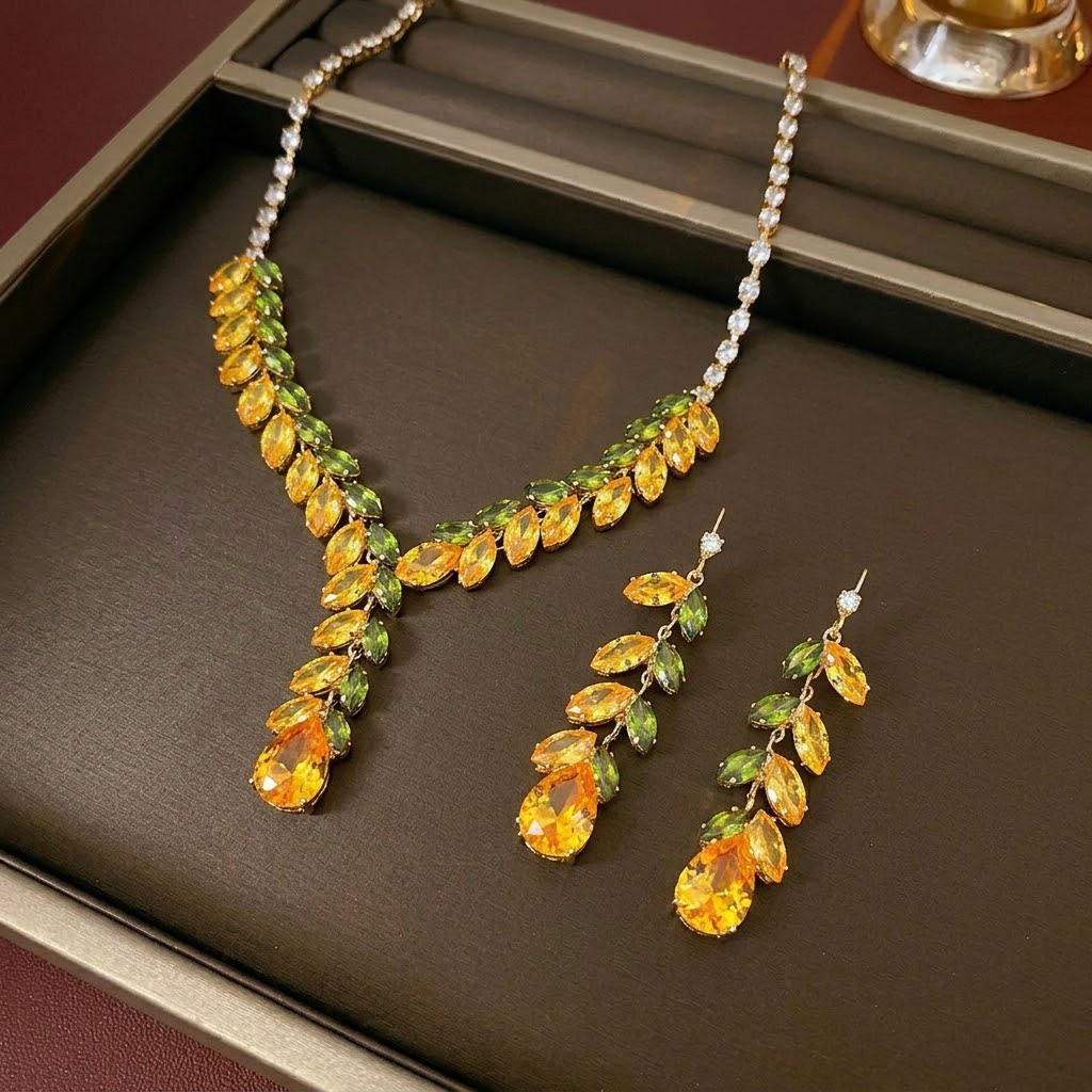 European & American Fashion Trend Zircon Earrings Necklace Set with Wheat Ear Tassel - Fresh, Stylish Jewelry Clavicle Chain.