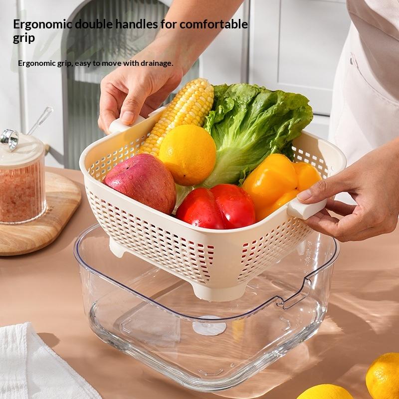 Kitchen Double Drain Basket Washing Vegetable Basket Thickened Transparent Drain Basin Multifunctional Fruit and Vegetable Basin