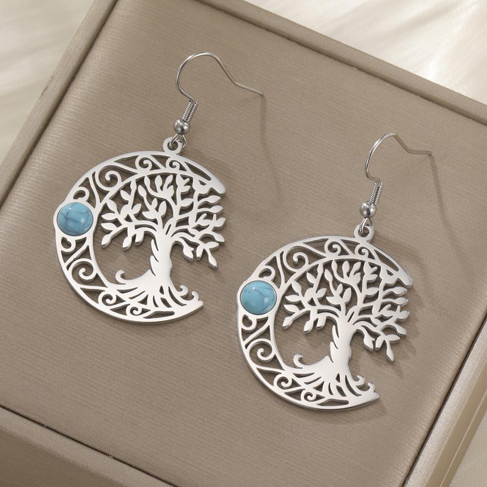 Dawapara Filigree Crescent Moon Tree of Life Dangle Earrings Turquoise Celtics Moon Wiccan Pendant Stainless Steel Jewelry