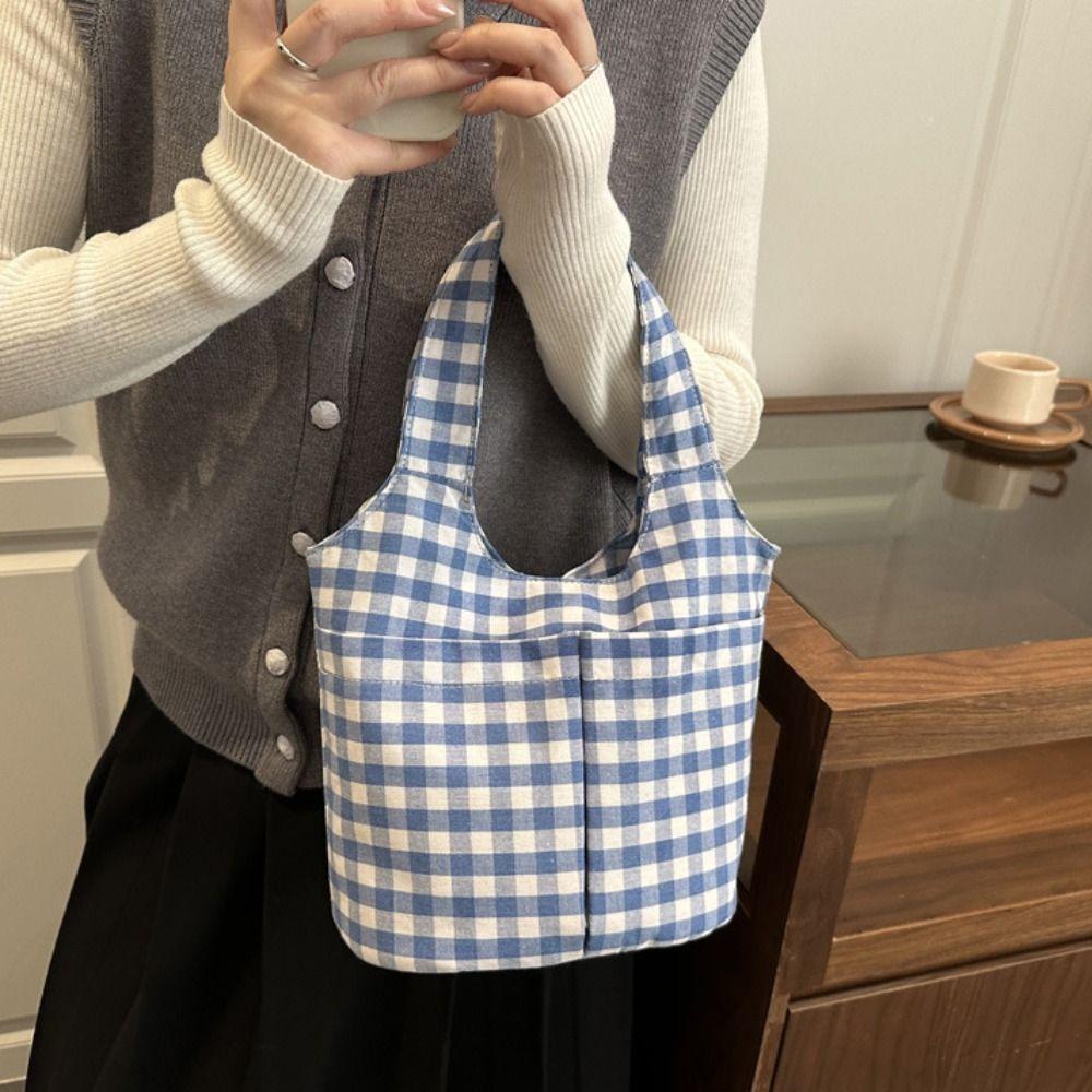 Fashion Red Plaid Tote Bag Korean Style Shoulder Bag Lightweight Canvas Vest Bag Women