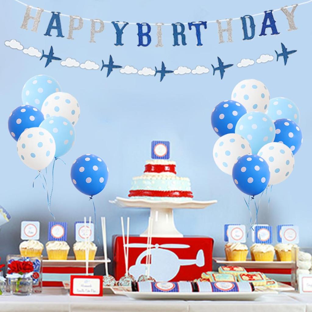 Airplane balloon birthday decoration boy helicopter blue happy birthday banner garland white set of 33