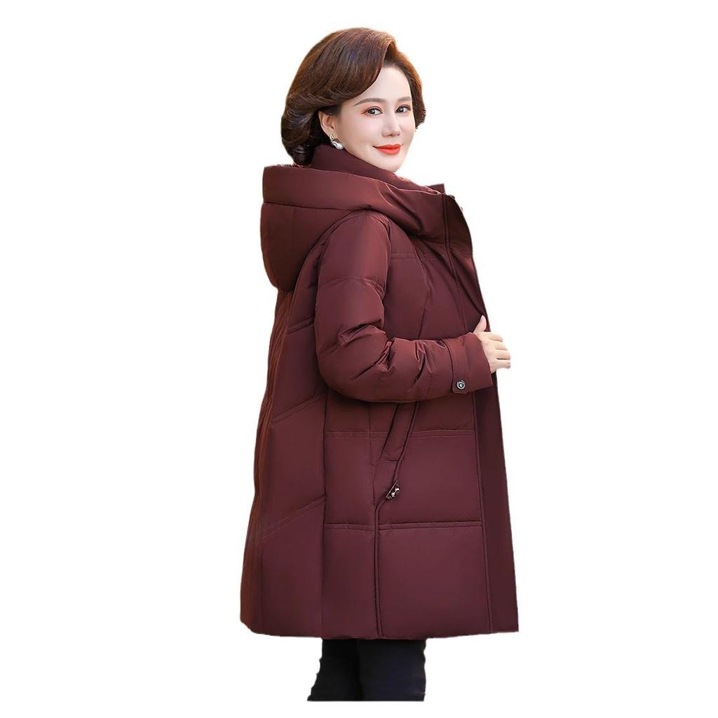 Women's Down Jacket Winter Mid To Long Style Mom Hooded Thick Warm White Duck Down Jacket