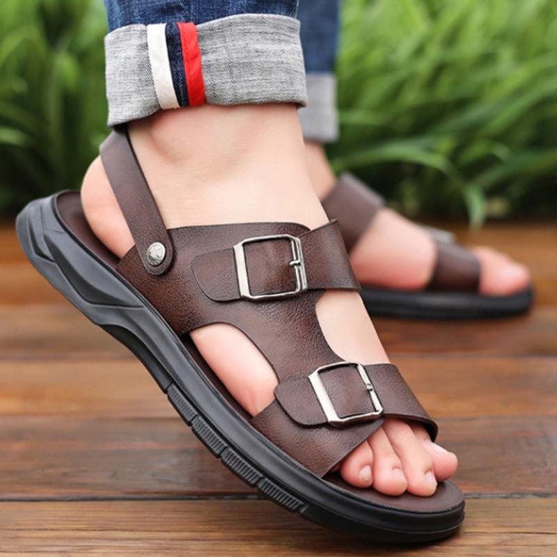 Fashion Men's Breathable Leather Sandals Solid Color Men Summer Shoes Casual Comfortable Open Toe Sandals Soft Beach Shoes