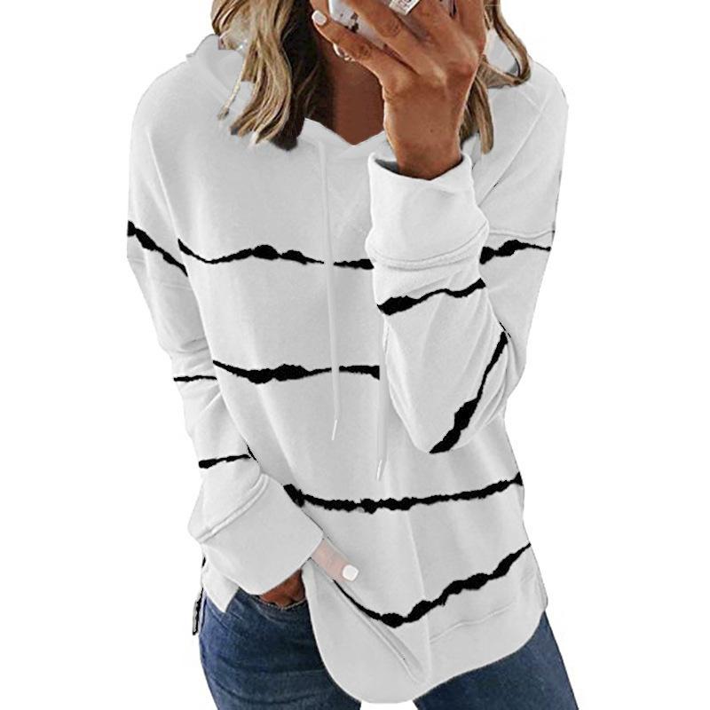 Women S Striped Printed Loose Fit Hooded Sweatshirt Top