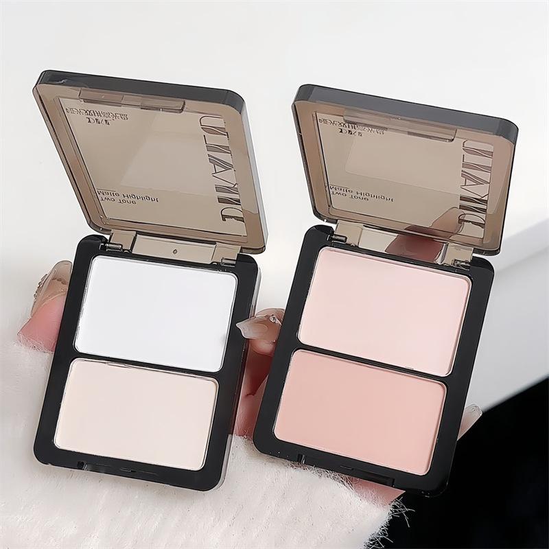 2pcs Dual-Tone Highlighter Compact - Matte & Shimmer Finish, Face & Eye Illuminator, Nose Contouring, Sweat-Resistant, Brightening Makeup