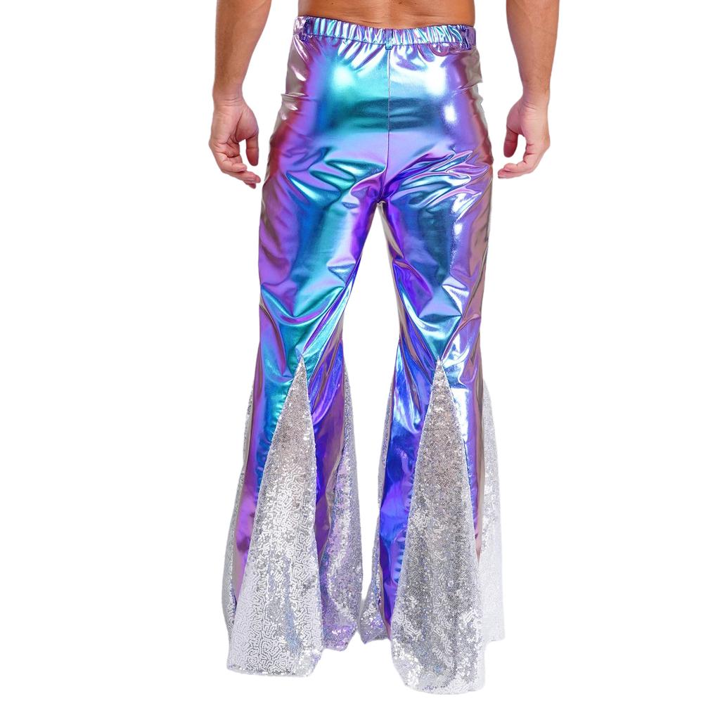 S-3XL Men's 70s Disco Pants Shiny Metallic Sequins, Hippie Vintage Bell Bottoms Flared Pants for Dance Party & Nightclub