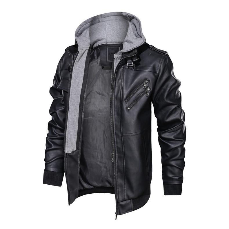 Youth Black Leather Jacket with Stand Collar and Zipper Welt Pockets, Hooded Winter Design, Straight Hem - In Stock