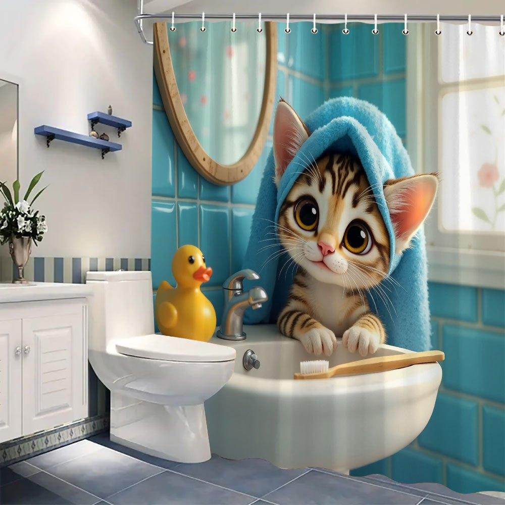 Cute Cat in Bathroom Waterproof Shower Curtain - Adorable Pet Decor, High-Quality Fabric, Durable and Stylish Design