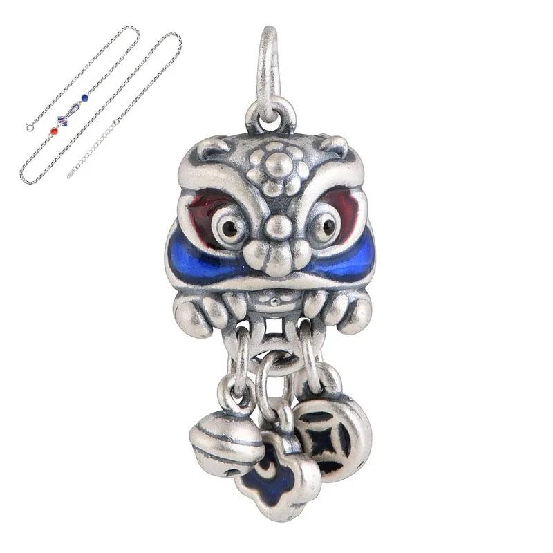 Blue Cute Small Pendant   Lion Dancing Tassel Necklace Chinese Style Copper Coin Design Banquet Couple Jewelry Gift
