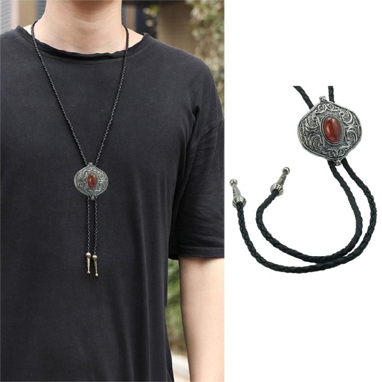 Elegant Black Bolo Tie with Gemstones Pendant Cowboy Necktie Western Tie