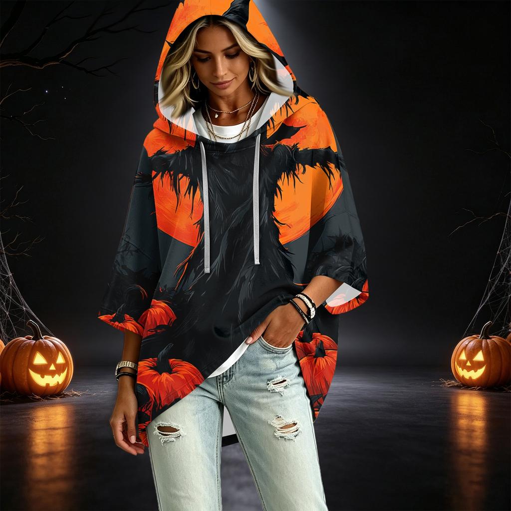 Women's Fashionable Three-Quarter-Sleeve Halloween-Printed Hooded Pullover
