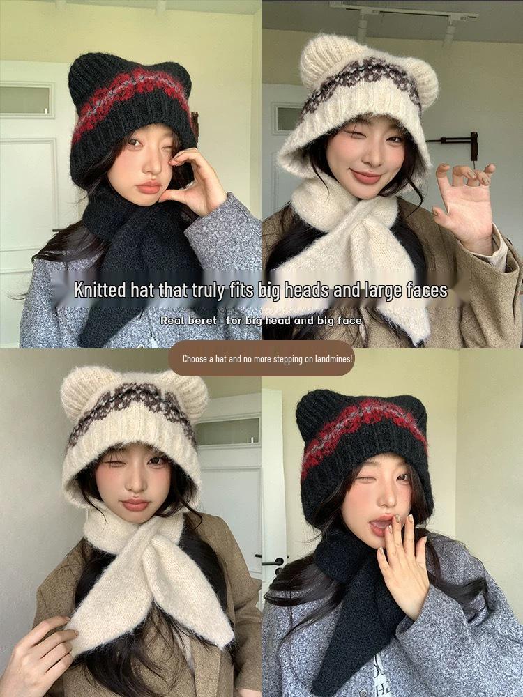 Damen Niedliches Wollmischung Bärenmütze & Schal Set - Winter Warm, Figurbetont & Gestrickt mit Ohrenklappen.