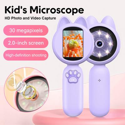 Kids Cat Shape Handheld Microscope 2.0 Inch Handheld Mini Pocket Magnifying Glass Handheld Camera Mini Microscope for Kid Gift