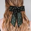 Womens Pearl Hair Clip With Ruffle Bow Long Tail Pin Handmade Fabric Accessory Winter
