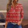Women's Casual Christmas Print V-Neck 3/4 Sleeve Button T-Shirt