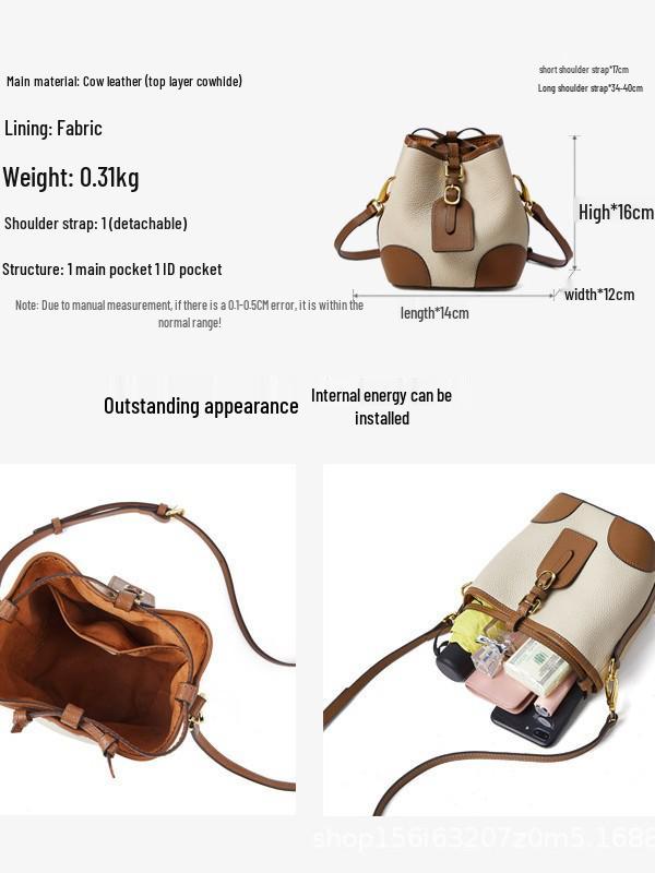 2025 New Small Colorblock Cowhide Leather Drawstring Bucket Bag - Mini Phone Crossbody & Shoulder Bag