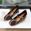 2025 new fashionable versatile square head shallow mouth middle heel women's shoes one-word buckle Mary Jane shoes single shoes women's small leathe