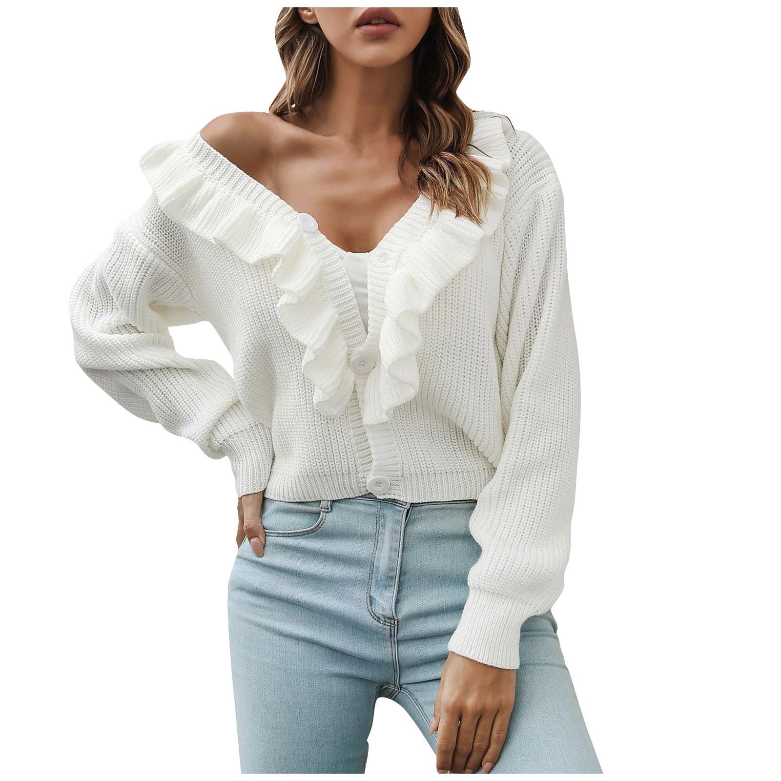 Women s Ruffle Loose Knit Sweater Cardigan Jacket Women s Long Sleeve L