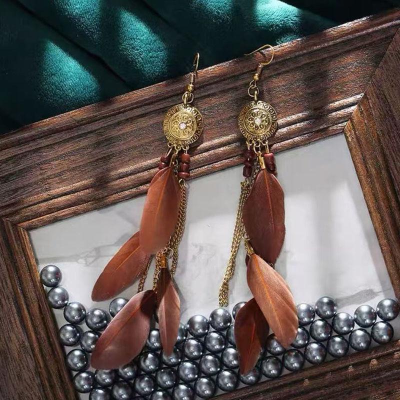 Retro Vintage Long Feather Earrings for Women, Fashionable Dangle Drop Earrings for Daily Wear