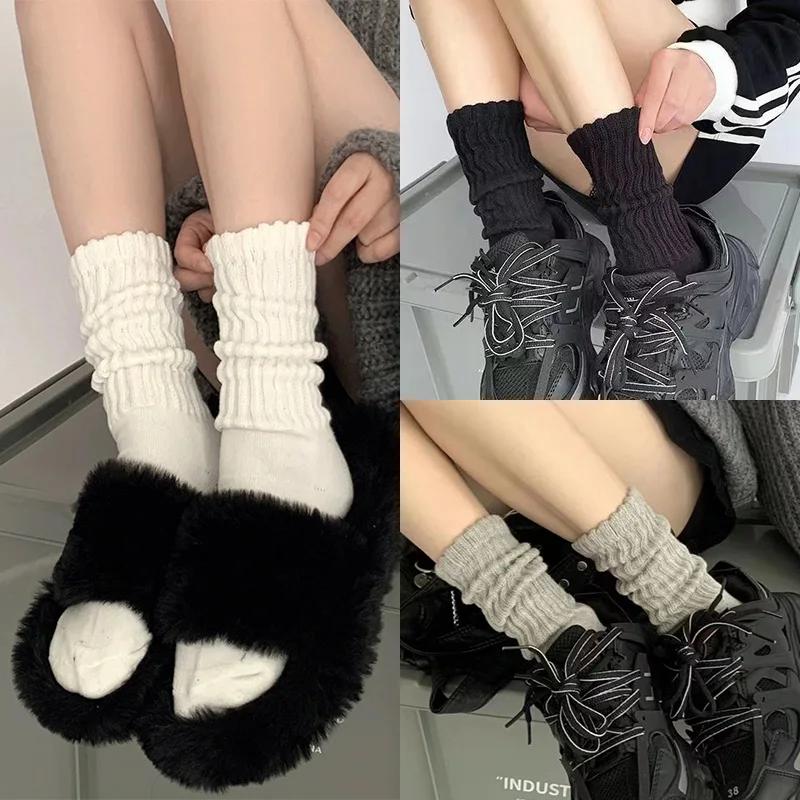 

Женские вязаные длинные носки для девочек, повседневные, черные, белые, однотонные, свободные, вязаные крючком, высокие, хлопковые, с манжетами, с оборками, носки 3pairs