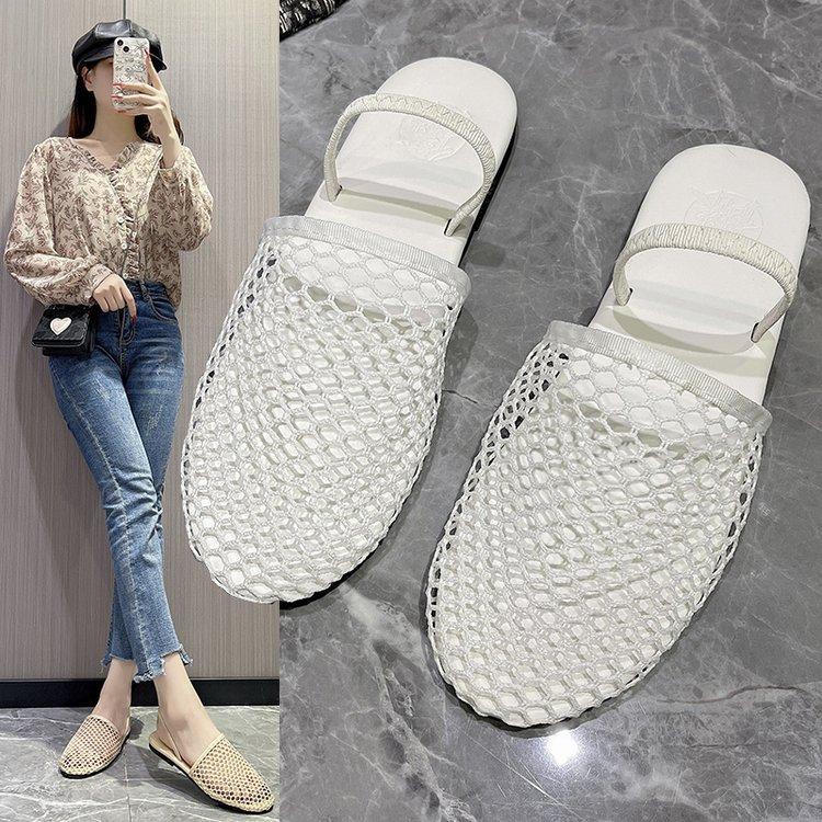 Summer Mesh Woven Hollow Bag Head Slippers 2025 New Fashion Outer Wear Flat Bottom Sandals One Word with Sandals Women