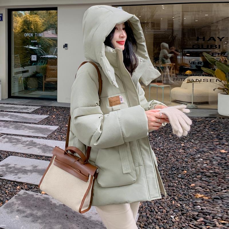 Korean Style Loose Down Cotton Jacket for Women with Designer Green Color and Hooded