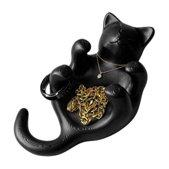 

3D Printed Sculpted Black Cat Tray Cute Kitten Jewelry Trinket Dish with Hollow Belly Desktop Decorative Ring Holder for Earrings Bracelets Necklaces чорний