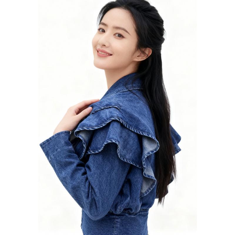Korean-Style Ruffle Slim-Fit V-Neck Denim Jacket