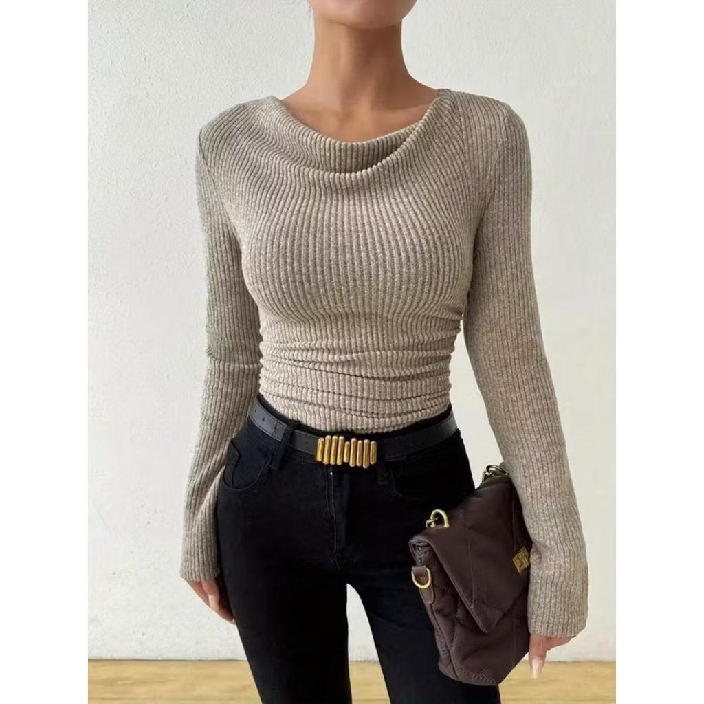Suéter de Color Sólido para Mujer Otoño Invierno de Punto de Manga Larga Top Casual