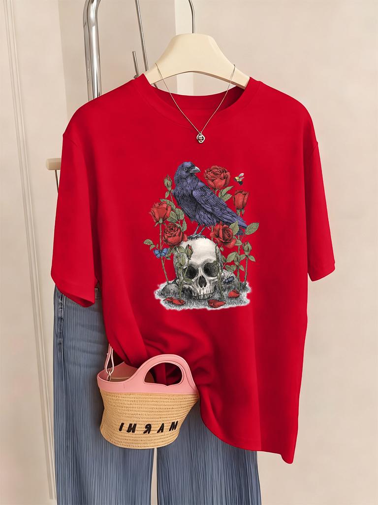 Roses With Skulls Prints T-Shirt Womens Summer Soft T Shirts Loose O-Neck Short Sleeve Tops Casual Comfortable Woman Streetwear