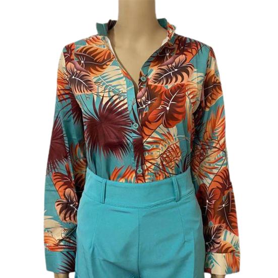 Elegantes Büro-Damenhemd Stehkragen Einreihig Blumendruck Langarm Knöpfe Bluse für Frühling/Sommer