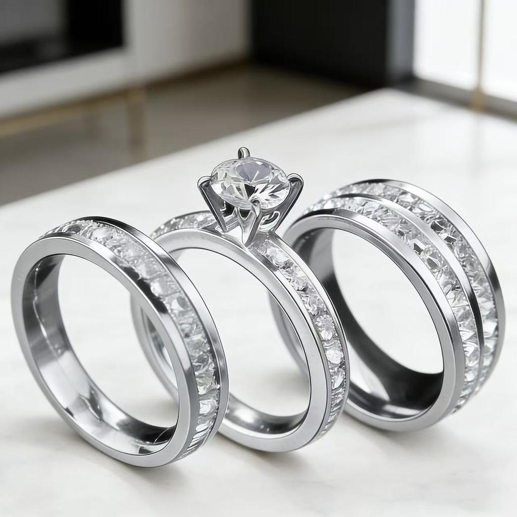 3-teiliges Set Vergoldet Zirkonia (CZ)  Hochzeit Verlobungsring Edelstahlring für Damen Klassischer Schmuck Zubehör Geschenk