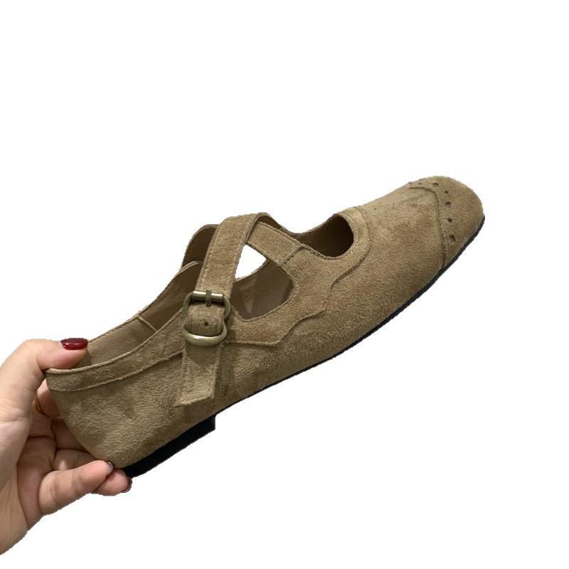 Retro Square Head Suede Light Mouth Single Shoes Women's Autumn New Korean Version Cross Belt Ballet Style Flat Mary Jane Shoes