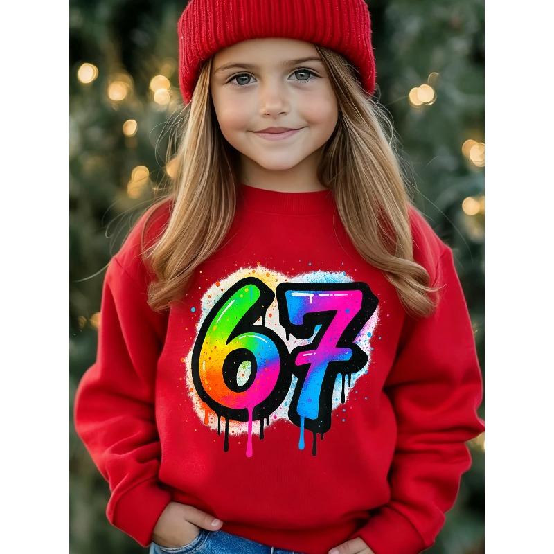 Unisex Kids Black Crewneck Sweatshirt For 4-12 Boys Girls Rainbow Graffiti Drip Splatter Number 67 Print Soft Fleece Long Sleeve Pullover
