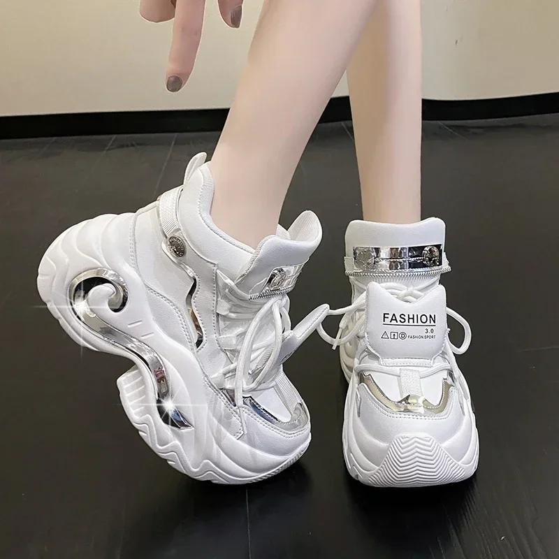 Fashion Autumn Women Chunky Sneakers 6.5CM Heels Winter Thick Sole Casual Vulcanized Shoes High Platform Genuine Leather Sneakers Woman